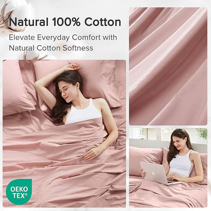 Comfort Spaces 100% Cotton Sheets Queen, Breathable & Ultra Soft Cotton Sheets, Naturally Cool Cotton Bed Sheets with 14" Elastic Pocket Fits up to 16" Mattress, All Seasons Sheet Set, Pink 4 Piece