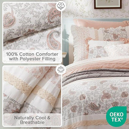 Madison Park Dawn 100% Cotton Shabby Chic Comforter Set-Modern Cottage Design All Season Down Alternative Bedding, Matching Shams, Bedskirt, Decorative Pillows, Queen(90"x90"), Blush 9 Piece