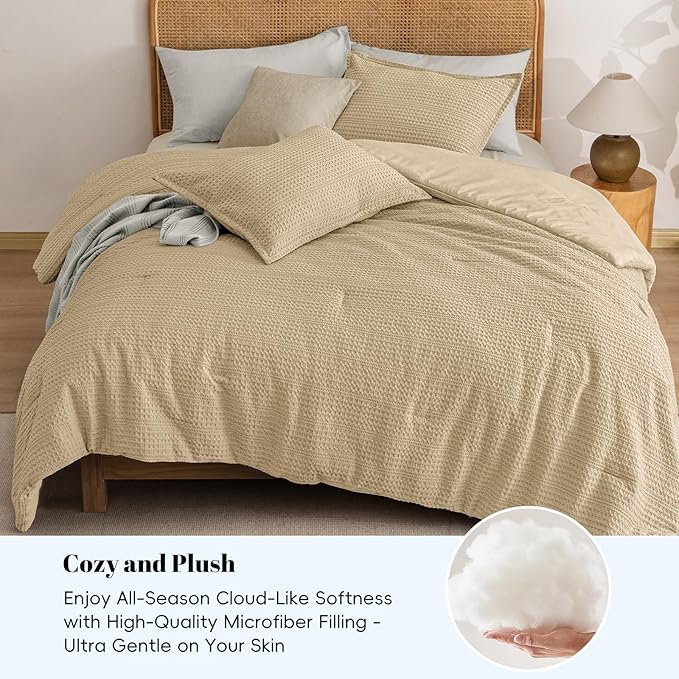 PHF Soft Waffle Comforter Set King Size- Comfy Breathable Waffle Weave Comforter with 2 Pillow Shams, 3 Pieces Less Snagging Lightweight Textured Bedding Set for All Season, Light Khaki