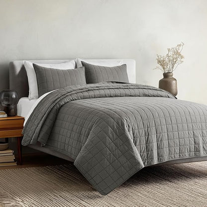 EVERGRACEHOME 100% Cotton Box Stitch Quilt Bedding Set King Size 3 Pieces, Garment-Washed Lightweight Soft Cozy Coverlet, Oversized Quilted Bedspread Sets with 2 Shams for All Season, Dark Gull Gray