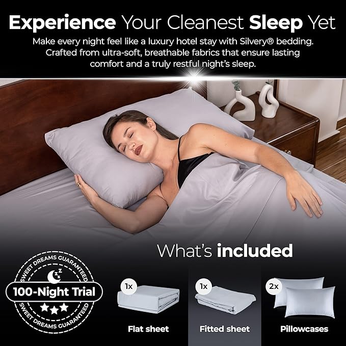 Silvery Silver Infused Bed Sheets Set - Ultra-Soft Temperature-Regulating Fabric with Self-Cleaning Technology™ That Stays Fresh 3X Longer for Hygienic Sleep (Gray, Full)
