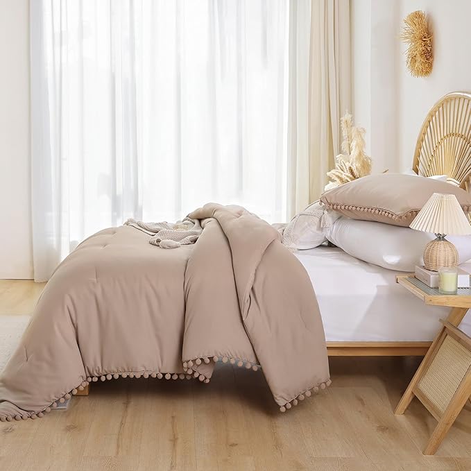 YIRDDEO King Size Comforter Set - King Size Comforter with Ball Pom Fringe, Soft King Bedding Set for All Seasons - 3 Pieces, 1 Comforter (104"x90"inches) & 2 Pillow Shams(20"x36"), Taupe