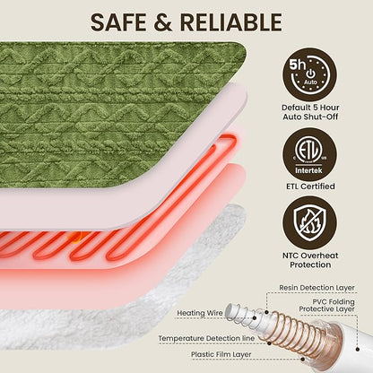 Heated Blanket Electric Blanket 62"x84", Soft Taffeta Sherpa Electric Throw with 5 Heating Level & 1-12 Hour Auto Off, Heated Throw with Overheating Protection, Machine Washable(Dark Green)