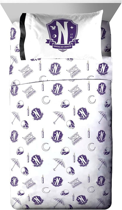 Jay Franco Wednesday Addams Twin Comforter Set 5 Piece Bedding Includes Sheet Set & Pillow Covers - Black and Grey Stripes Super Soft Kids Bedding