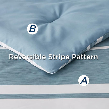 Bedsure Queen Comforter Set 7 Pieces, Grey Blue Striped Bedding Set for All Seasons, Reversible, Cationic Dyeing Bed in a Bag with Comforter, Sheets, Pillowcases & Shams