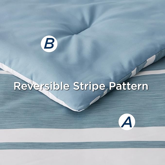 Bedsure Twin Comforter Set 5 Pieces, Grey Blue Striped Bedding Set for All Seasons, Reversible, Cationic Dyeing Bed in a Bag with Comforter, Sheets, Pillowcase & Sham