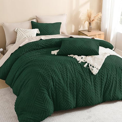 Litanika Emerald Green King Size Comforter Set, 3 Pieces Dark Green Tufted Boho Farmhouse Bedding Comforter Sets, Lightweight Fluffy All Season Comforter Bed Set (104x90In Comforter & 2 Pillowcases)