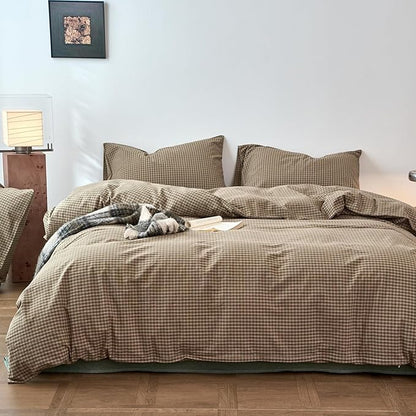 Gingham Queen Duvet Cover Set Sage Green Washed Cotton Queen Size Comforter Cover Plaid Checkered Country Zipper Duvet Cover Set with Corner Ties Boho Soft Bedding Set for Boys Duvet Protector