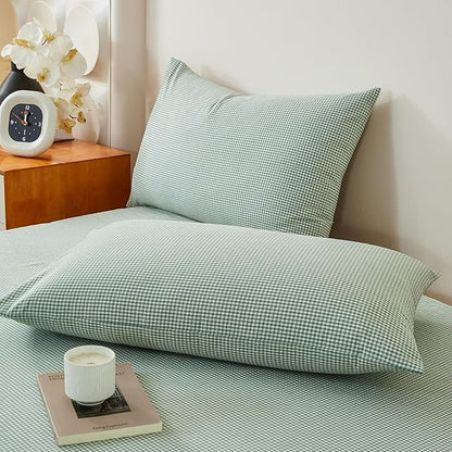 EAVD Sage Green Gingham Duvet Cover Queen Soft 100% Washed Cotton Modern Green and White Plaid Duvet Cover with 2 Pillowcases Reversible Checkered Plaid Bedding Set with Zipper Closure