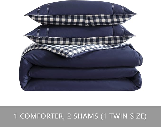 Eddie Bauer - Twin Comforter Set, Reversible Cotton Bedding with Matching Sham, Pre-Washed for Added Softness (Kingston Navy, Twin)