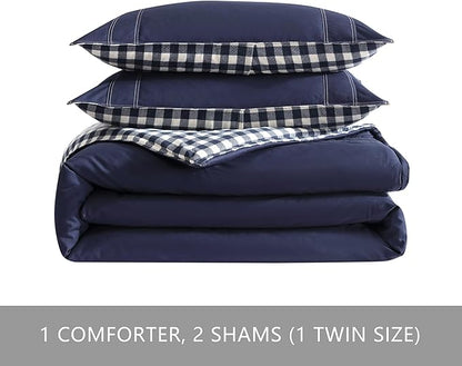 Eddie Bauer - King Comforter Set, Reversible Cotton Bedding with Matching Shams, Pre-Washed for Added Softness (Kingston Navy, King)