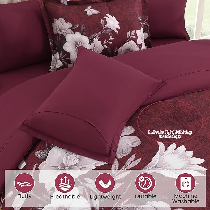 Floral King Size Comforter Set, 7 Pieces Burgundy Bed in a Bag, Elegant Floral Butterfly Comforter and Sheet Set, Soft Microfiber Bedding Sets for All Seasons(Burgundy,104"x90")