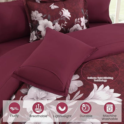 Floral King Size Comforter Set, 7 Pieces Burgundy Bed in a Bag, Elegant Floral Butterfly Comforter and Sheet Set, Soft Microfiber Bedding Sets for All Seasons(Burgundy,104"x90")