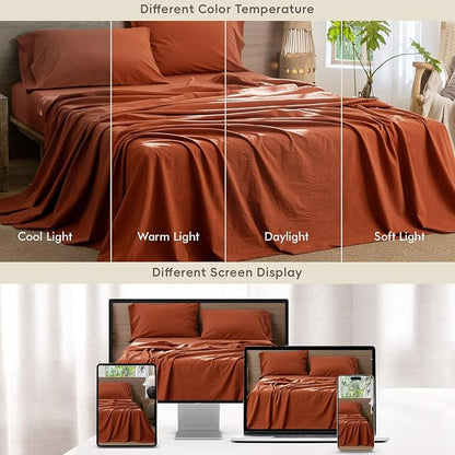 MooMee Bedding Sheet Set 100% Washed Cotton Linen Like Textured Breathable Durable Soft Comfy (Solid Rust Brown, Queen)