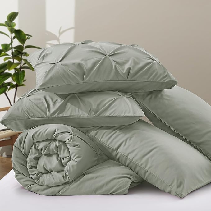 VACVELT 5 Piece Pinch Pleated Duvet Cover King Size Set, Light Gray Pintuck Duvet Cover with Zipper & 8 Ties, Shabby Chic Microfiber + 2 Pillow Shams + 2 Pillowcases, No Comforter