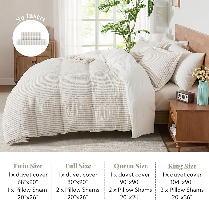 MILDLY Jacquard Stripe Duvet Cover - 100% Washed Cotton Light Khaki Boho Textured Comforter Cover 3pcs with Zipper Closure 80"x90"