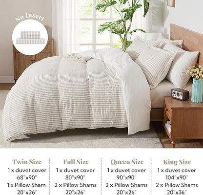 MILDLY Jacquard Stripe Duvet Cover - 100% Washed Cotton Light Khaki Boho Textured Comforter Cover 3pcs with Zipper Closure 80"x90"