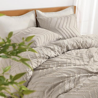 Litanika Tannish Grey California King Comforter Set, 3 Pieces Cal King Oversized Chevron Tufted Boho Bedding Comforter Sets, Fluffy Bed Set (104x96In Comforter & 2 Pillowcases)