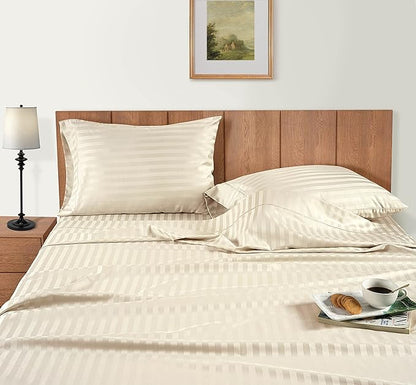 LANE LINEN Striped Sheets Set - 100% Egyptian Cotton 4 Piece Bed for King Size Hotel Bedding & Pillowcases 16" Deep Pocket (Fits Upto 17" Mattress)- Ivory