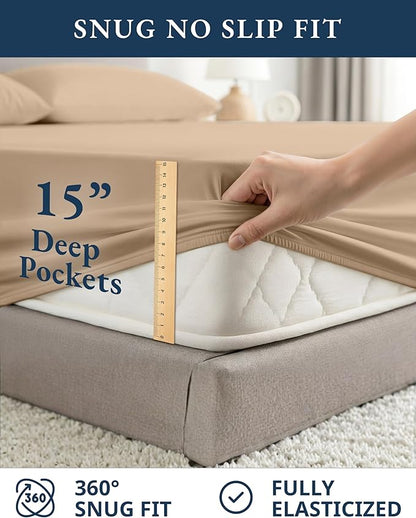 LANE LINEN 100% Organic Cotton Twin XL Sheets Set, Fully Elasticized Bed Sheets Set Twin XL Size Perfetct for Hospital beds, Deep Pocket Soft & Comfy Sheets Set Twin XL Size-Taupe