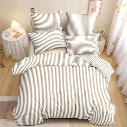Nayoroom Tan Striped Duvet Cover Queen Size Light Brown Stripe Duvet Cover Dorm Bedding Set 3 Pieces Soft Lightweight Washed Microfiber Farmhouse Bedding Set Gifts for Women Men