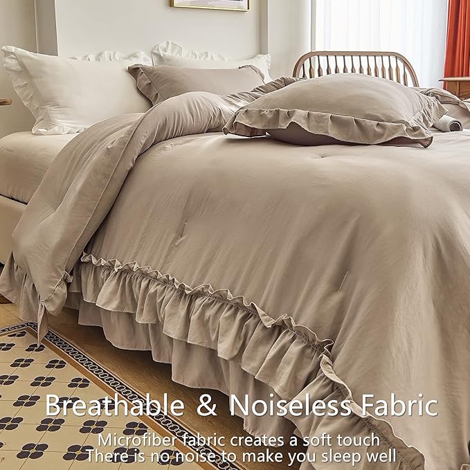 AIKASY Taupe Comforters Queen Size Set, Vintage Boho Chic Farmhouse Bedding Sets Shabby Ruffle Queen Bed Comforter Bedding 3PCS（1 Comforter and 2 Pillowcases）