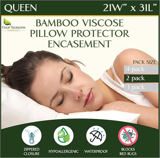 Four Seasons Essentials Queen Size Waterproof Pillow Protectors (Set of 2) - Natural Viscose derived from Bamboo Pillow Covers - Hypoallergenic Dust Proof Zippered Encasements for 20" x 30" Pillows