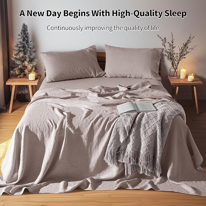 LBRO2M 100% Pure Linen Sheet Set Deep Pocket Up to 16" Bed Sheets Sets, Natural Flax Beddings Soft, Breathable, Comfortable for All Seasons 4 Pcs Sheet Set King Size, Mauve Desert