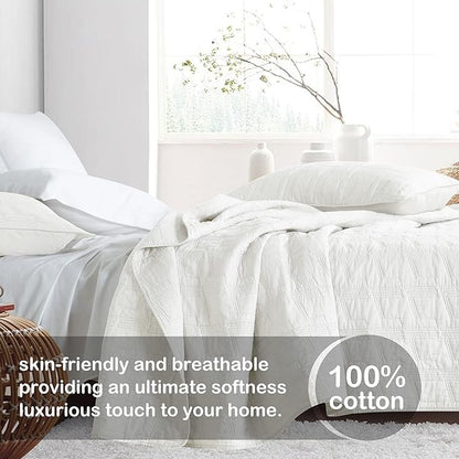 HORIMOTE HOME 100% Cotton Quilt Set Twin Size, White Pre-Washed 2-Piece Bedspread Coverlet Set, Cozy Lightweight Stitching Decorative Bedding Cover with 1 Shams in Geometric Pattern for All Season