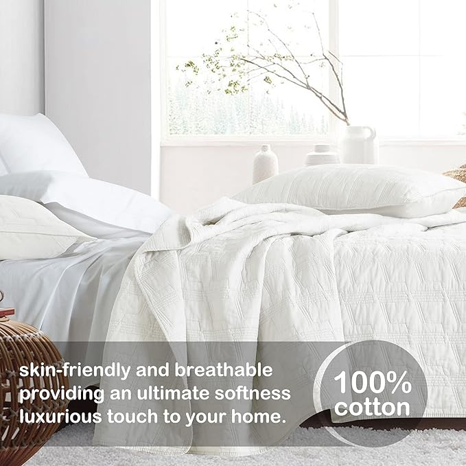 HORIMOTE HOME 100% Cotton Quilt Set Queen Size, White Pre-Washed 3-Piece Bedspread Coverlet Set, Cozy Lightweight Stitching Bedding Cover with 2 Shams in Geometric Pattern for All Season