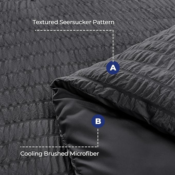 HYMOKEGE Dark Grey Duvet Cover King Size, Ultra Soft 3-Piece Seersucker Duvet Cover Set with Zipper Closure, Soft Brushed Microfiber Bedding Set with 8 Corner Ties (104"x90", 2 Pillowshams)