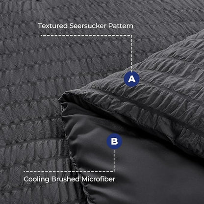 HYMOKEGE Dark Grey Duvet Cover Queen Size, Ultra Soft 3-Piece Seersucker Duvet Cover Set with Zipper Closure, Soft Brushed Microfiber Bedding Set with 8 Corner Ties (90"x90", 2 Pillowshams)