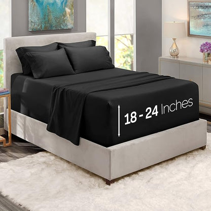 Hearth & Harbor Extra Deep Pocket Sheets - Fits Mattress 18-24 Inches Deep - Extra Deep Pocket California King Size - 6 Piece Cal King Sheets - Cal King, Black