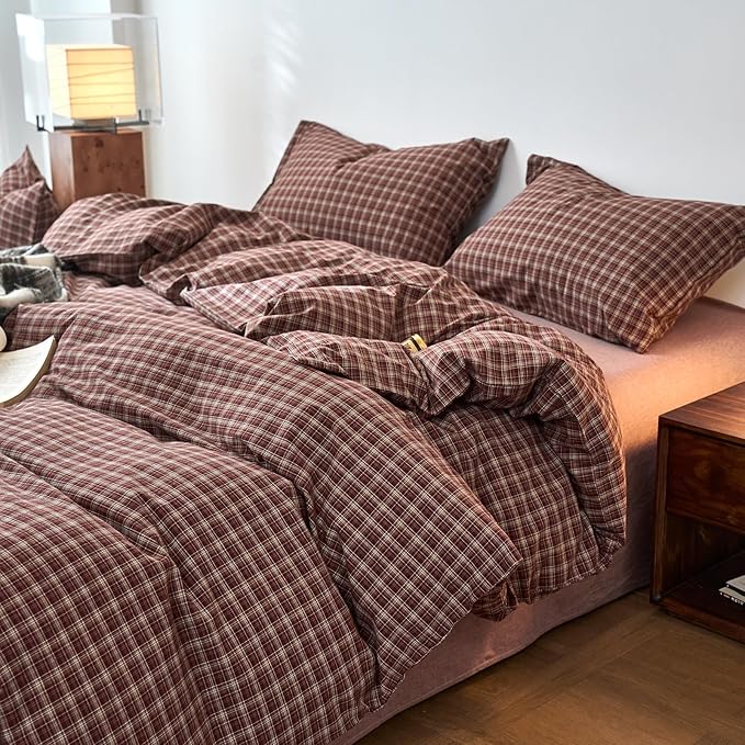 EAVD Vintage Style Burgundy Gingham Duvet Cover Full 100% Washed Cotton Like Linen Feel Soft Checkered Grid Plaid Bedding Set with 2 Pillowcases Farmhouse Grid Geometric Duvet Cover with Zipper