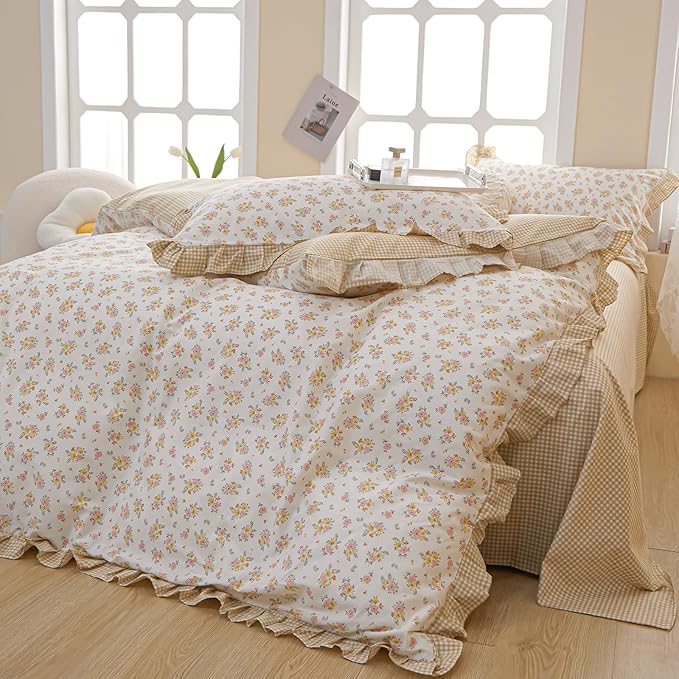 HighBuy Twin XL Comforter Set Lace Ruffle Bedding Comforter Fluffy Coquette Floral Bedding Set 3 Piece Princess Yellow Floral Comforters with 2 Lace Ruffles Pillowcases Cozy Soft