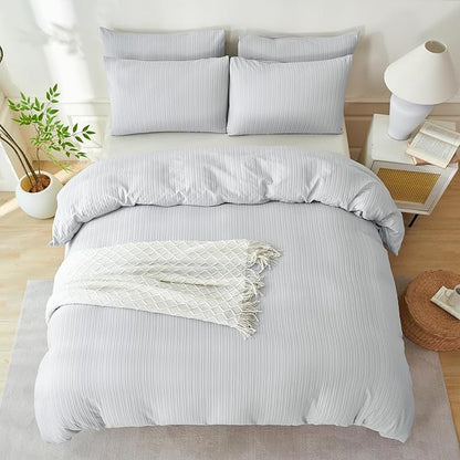 Comforter Set Queen Light Grey Striped Washed Microfiber 3 Pieces Jacquard Bedding, Grey Vertical Ticking Stripes Comforter with 2 Pillowcases, Luxury Soft Breathable Durable Comfy