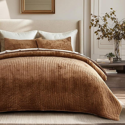 EVERGRACE Velvet Quilt Set King Size, Luxurious Soft Striped Channel Bedding Set, Lightweight Velvet Comforter for All Season, Oversized Bedspread Coverlet with 2 Matching Shams, Dark Brown