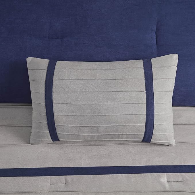 Madison Park Palmer Comforter Set-Luxury Faux Suede Design, Striped Accent, All Season Down Alternative Bedding, Matching Shams, Decorative Pillow, Bed Skirt, Queen (90 in x 90 in), Blue 7 Piece