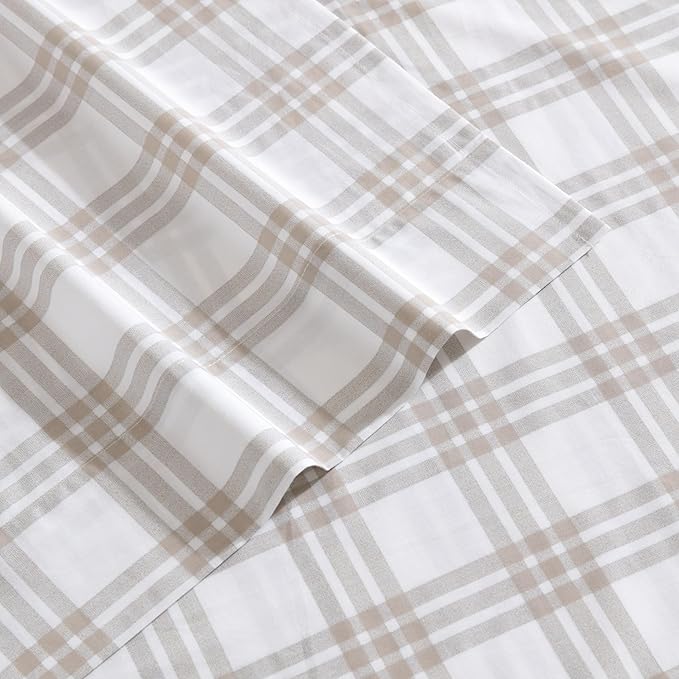 Eddie Bauer - Twin Sheet Set, Cotton Percale Bedding Set, Super Soft and Bedding Set, Oeko-Tex Certified (Basic Plaid Beige, Twin)