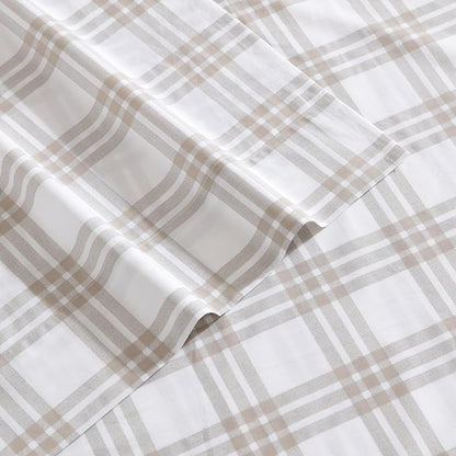 Eddie Bauer - Twin Sheet Set, Cotton Percale Bedding Set, Super Soft and Bedding Set, Oeko-Tex Certified (Basic Plaid Beige, Twin)