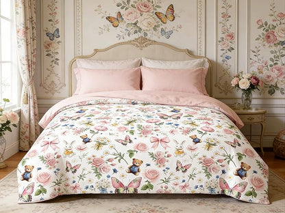 Pink Botanical Comforter Set King for Girls, 5Pcs Bow Butterfly Bedding for Kids Kawaii Bedroom Decor, Cute Priness Girly Rabbit Bear Comforter Set with 2 Pillowcases, 90"x90"