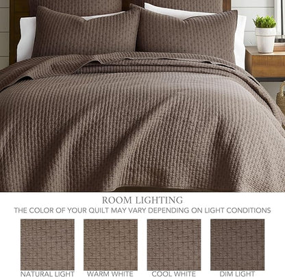 Levtex Home Cross Stitch Reversible King Bedspread Set (120x104in) with 2 Pillow Shams (36x20in) - Stitch Texture - Cocoa - Cotton King Size Bedspread Set - Soft, Pre-Washed