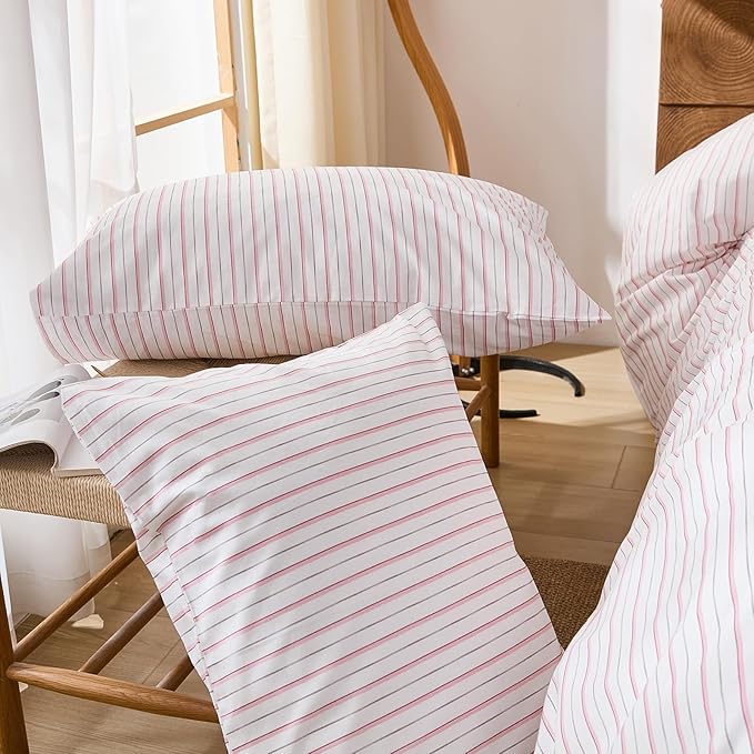 Merryword 100% Cotton Duvet Cover Set King Size - White & Pink Stripes Duvet Cover with Pillowcases, Soft Breathable Bedding Set Modern Minimalist Pinstripe Comforter Cover for All Seasons