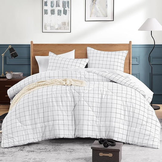 Andency White Grid Comforter Set Queen Size (90x90 Inch), 3 Pieces(1 Grid Comforter and 2 Pillowcases), Summer Lightweight Microfiber Down Alternative White Comforter with Black Lines