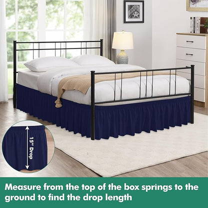 Biscaynebay Wrap Around Bed Skirts with Split Corners for Queen Beds 15" Drop, Navy Adjustable Elastic Dust Ruffles Easy Fit Wrinkle Resistant Silky Luxurious Fabric Machine Washable