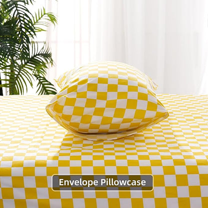 Best Season Queen Size Sheet Set 4 Piece -Microfiber Soft Durable Bedding Sheet Set,Deep Pocket,Stain,Fade & Wrinkle Resistant (Plaid Yellow&White)