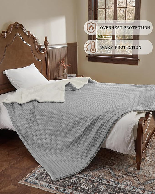 CAROMIO Heated Blanket Queen Size with LCD Dual Controller, Waffle Weave Fast Heating Electric Blankets, 10 Heat Levels & 1-12H Time Settings, ETL Certified, Machine Washable, Grey, 84" x 90"