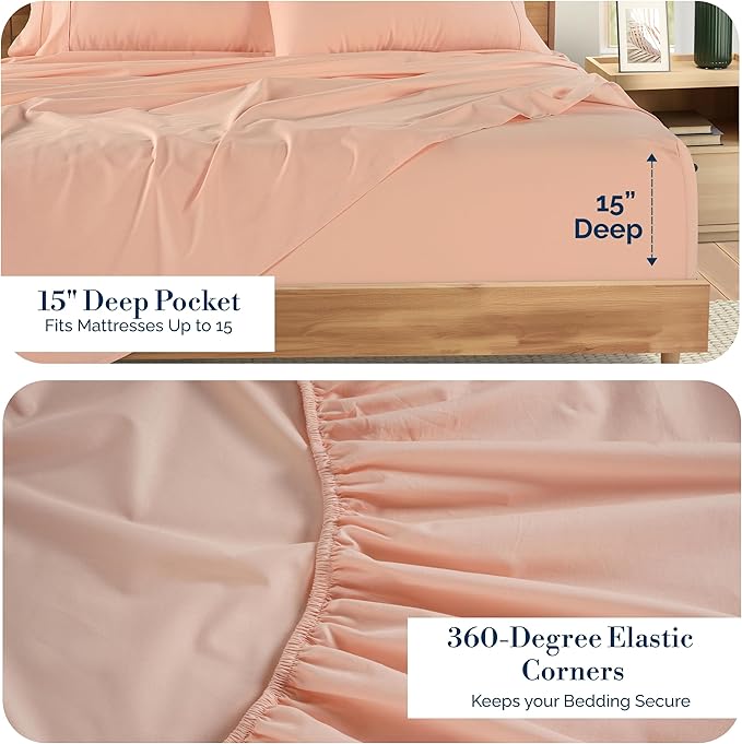 Casa Platino 100% Cotton King Size Sheets Set – 6 Piece Crisp Percale King Size Cooling Sheets, Lightweight for Summer, with 15" Deep Pocket Fitted Sheet Nightly Comfort & Airy Sleep – Veiled Rose