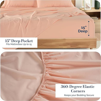 Casa Platino 100% Cotton King Size Sheets Set – 6 Piece Crisp Percale King Size Cooling Sheets, Lightweight for Summer, with 15" Deep Pocket Fitted Sheet Nightly Comfort & Airy Sleep – Veiled Rose