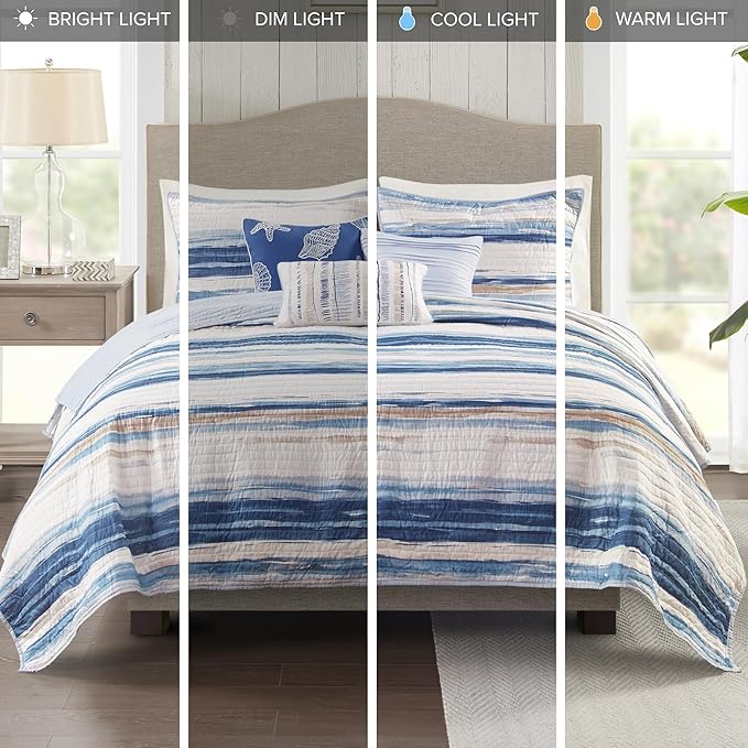 Madison Park Marina Comforter Quilt Combo Set - Modern Luxury Design, All Season Down Alternative Bedding, Matching Shams, Decorative Pillows, King/Cal King(104"x92") Seersucker Blue 8 Piece